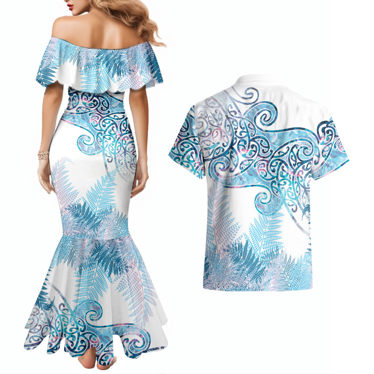 Aotearoa Maori Koru Curves Couples Matching Mermaid Dress and Hawaiian Shirt Aqua Paua Shell LT7 - Polynesian Pride