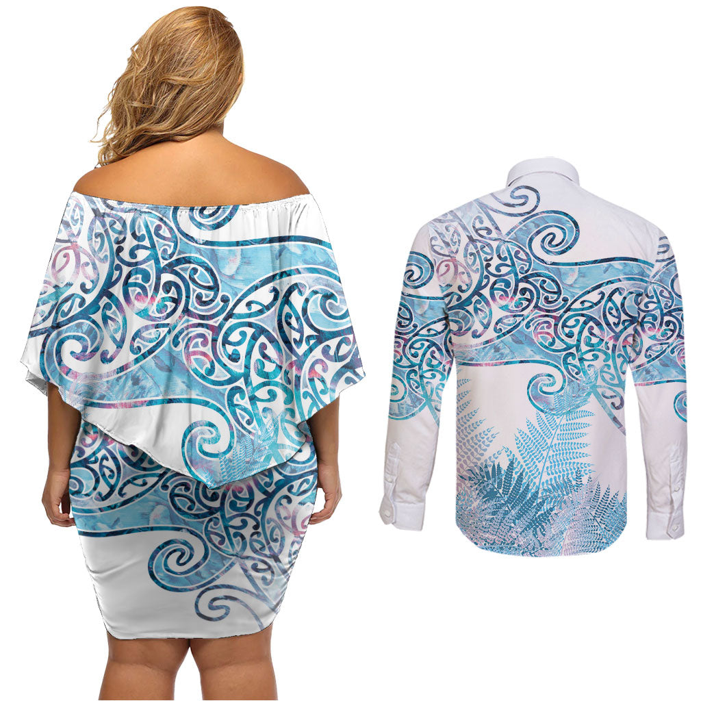 Aotearoa Maori Koru Curves Couples Matching Off Shoulder Short Dress and Long Sleeve Button Shirt Aqua Paua Shell