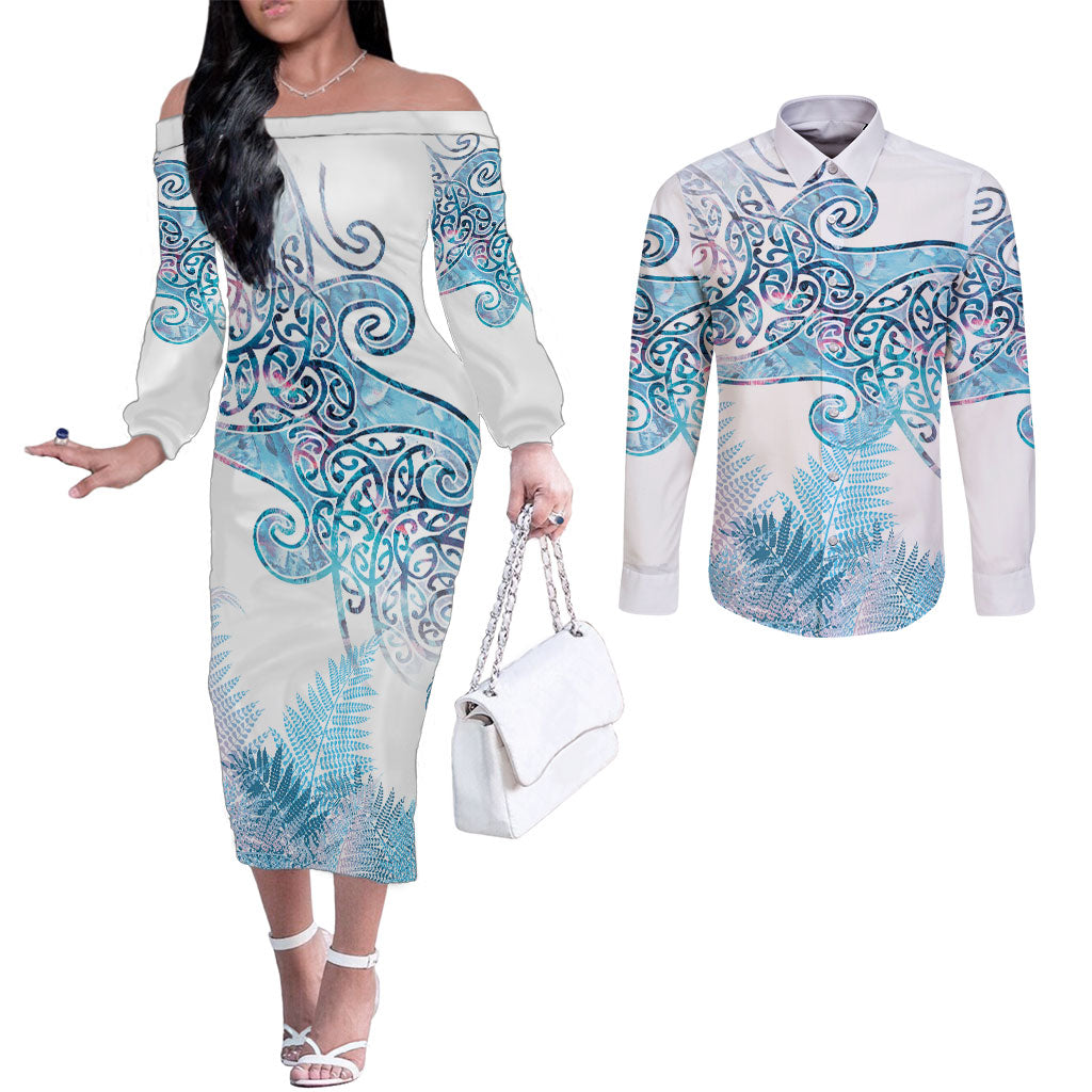 Aotearoa Maori Koru Curves Couples Matching Off The Shoulder Long Sleeve Dress and Long Sleeve Button Shirt Aqua Paua Shell LT7 Blue - Polynesian Pride