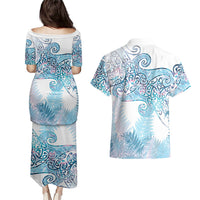 Aotearoa Maori Koru Curves Couples Matching Puletasi and Hawaiian Shirt Aqua Paua Shell
