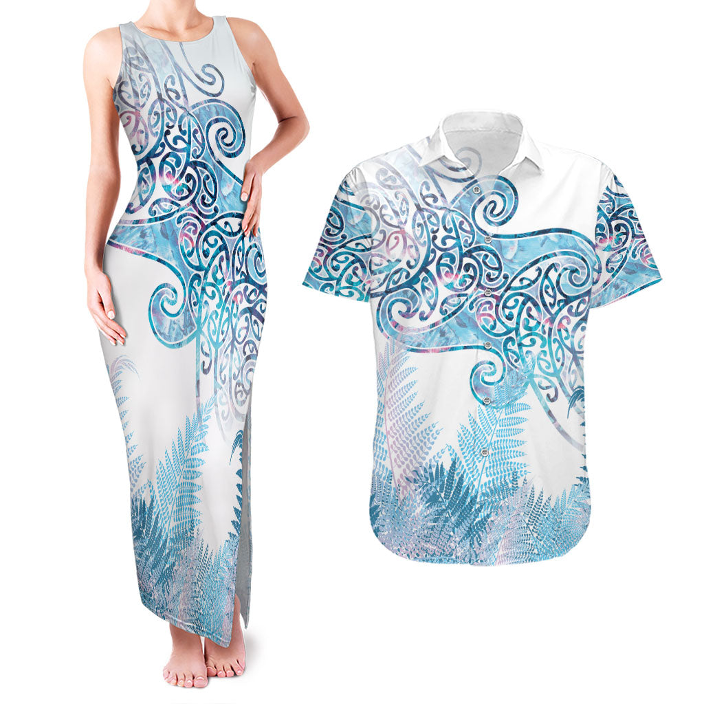 Aotearoa Maori Koru Curves Couples Matching Tank Maxi Dress and Hawaiian Shirt Aqua Paua Shell