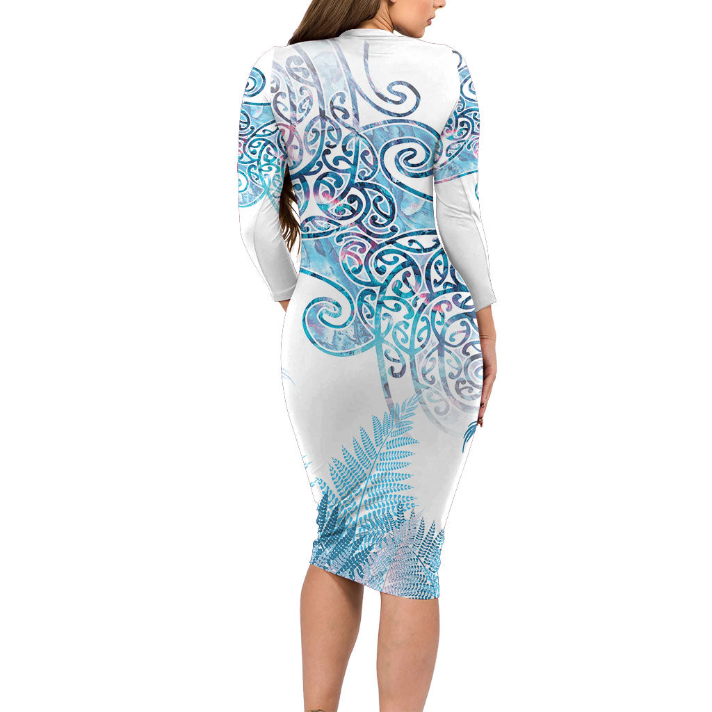 Aotearoa Maori Koru Curves Family Matching Long Sleeve Bodycon Dress and Hawaiian Shirt Aqua Paua Shell LT7 - Polynesian Pride