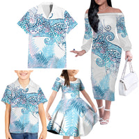 Aotearoa Maori Koru Curves Family Matching Off The Shoulder Long Sleeve Dress and Hawaiian Shirt Aqua Paua Shell LT7 - Polynesian Pride
