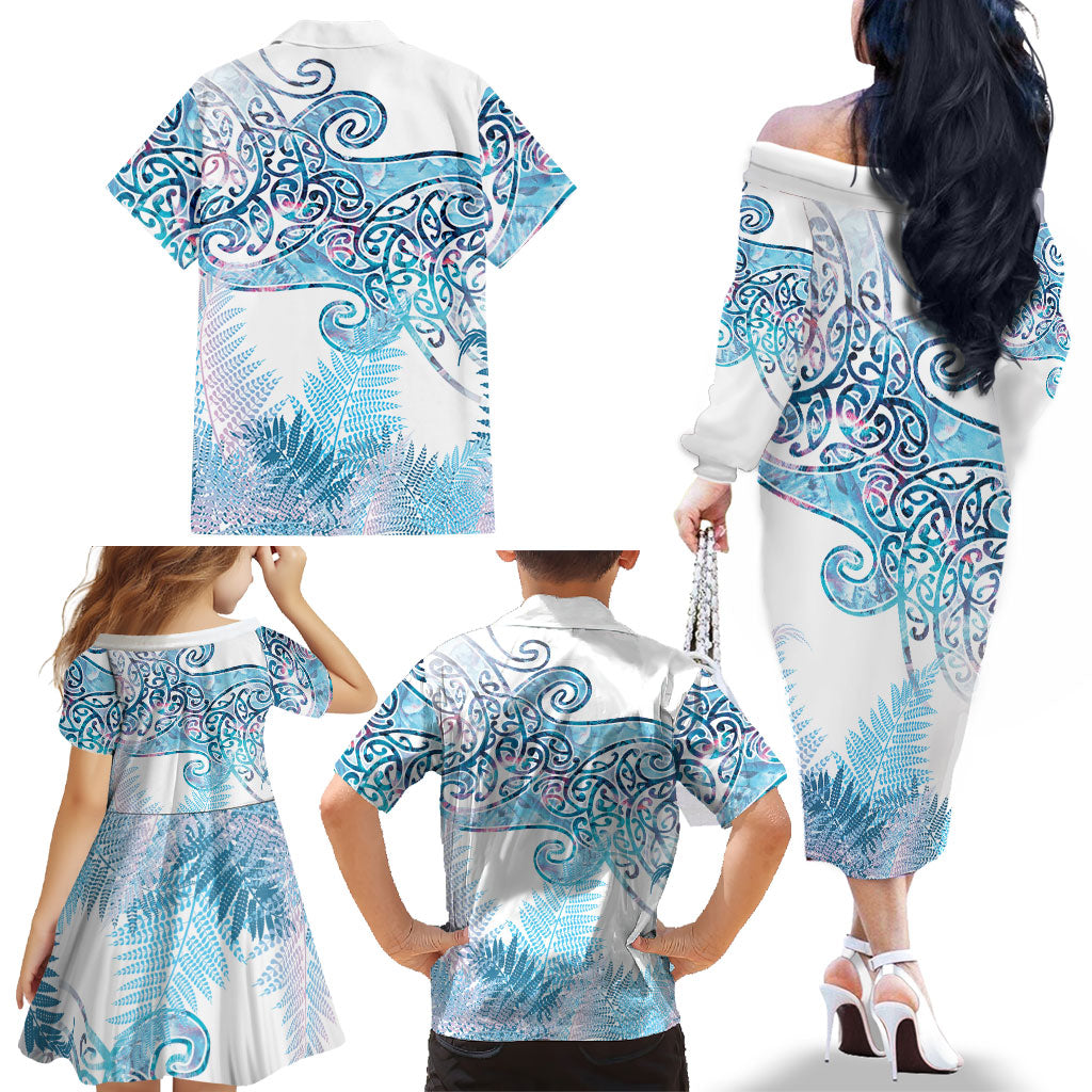 Aotearoa Maori Koru Curves Family Matching Off The Shoulder Long Sleeve Dress and Hawaiian Shirt Aqua Paua Shell LT7 - Polynesian Pride