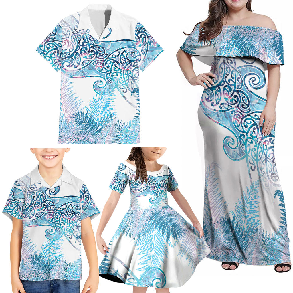 Aotearoa Maori Koru Curves Family Matching Off Shoulder Maxi Dress and Hawaiian Shirt Aqua Paua Shell LT7 - Polynesian Pride
