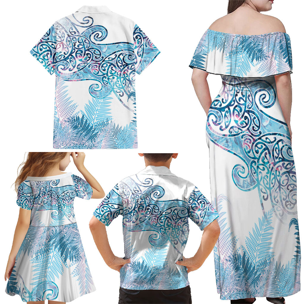 Aotearoa Maori Koru Curves Family Matching Off Shoulder Maxi Dress and Hawaiian Shirt Aqua Paua Shell LT7 - Polynesian Pride