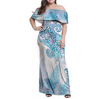 Aotearoa Maori Koru Curves Family Matching Off Shoulder Maxi Dress and Hawaiian Shirt Aqua Paua Shell LT7 Mom's Dress Blue - Polynesian Pride
