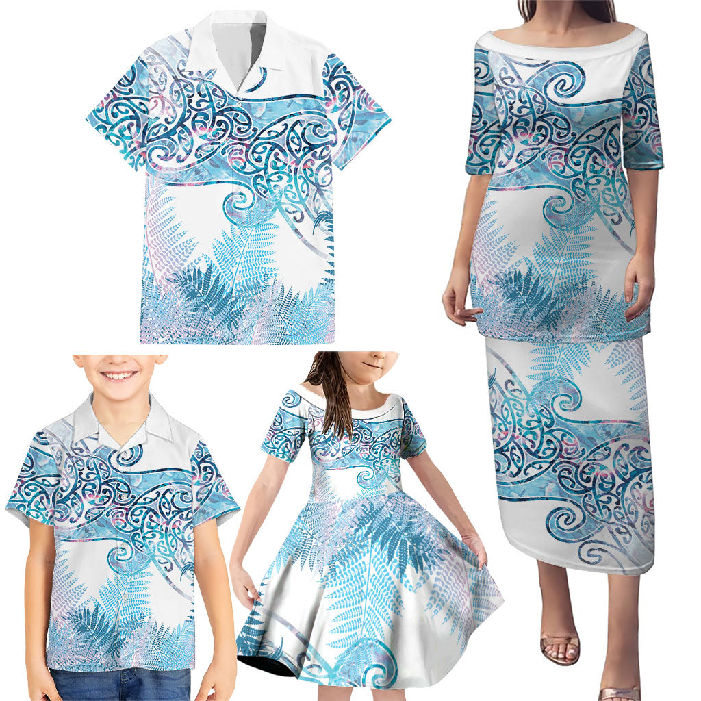 Aotearoa Maori Koru Curves Family Matching Puletasi and Hawaiian Shirt Aqua Paua Shell LT7 - Polynesian Pride