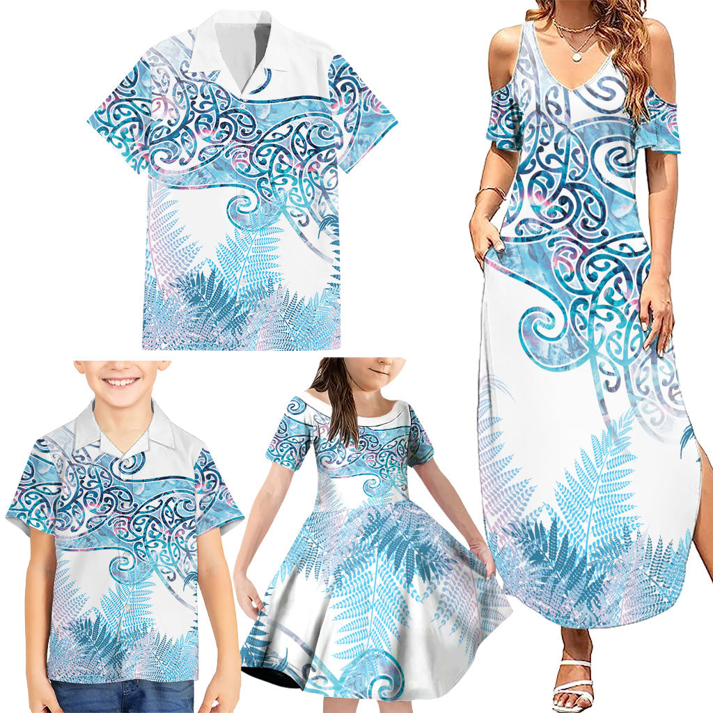 Aotearoa Maori Koru Curves Family Matching Summer Maxi Dress and Hawaiian Shirt Aqua Paua Shell LT7 - Polynesian Pride