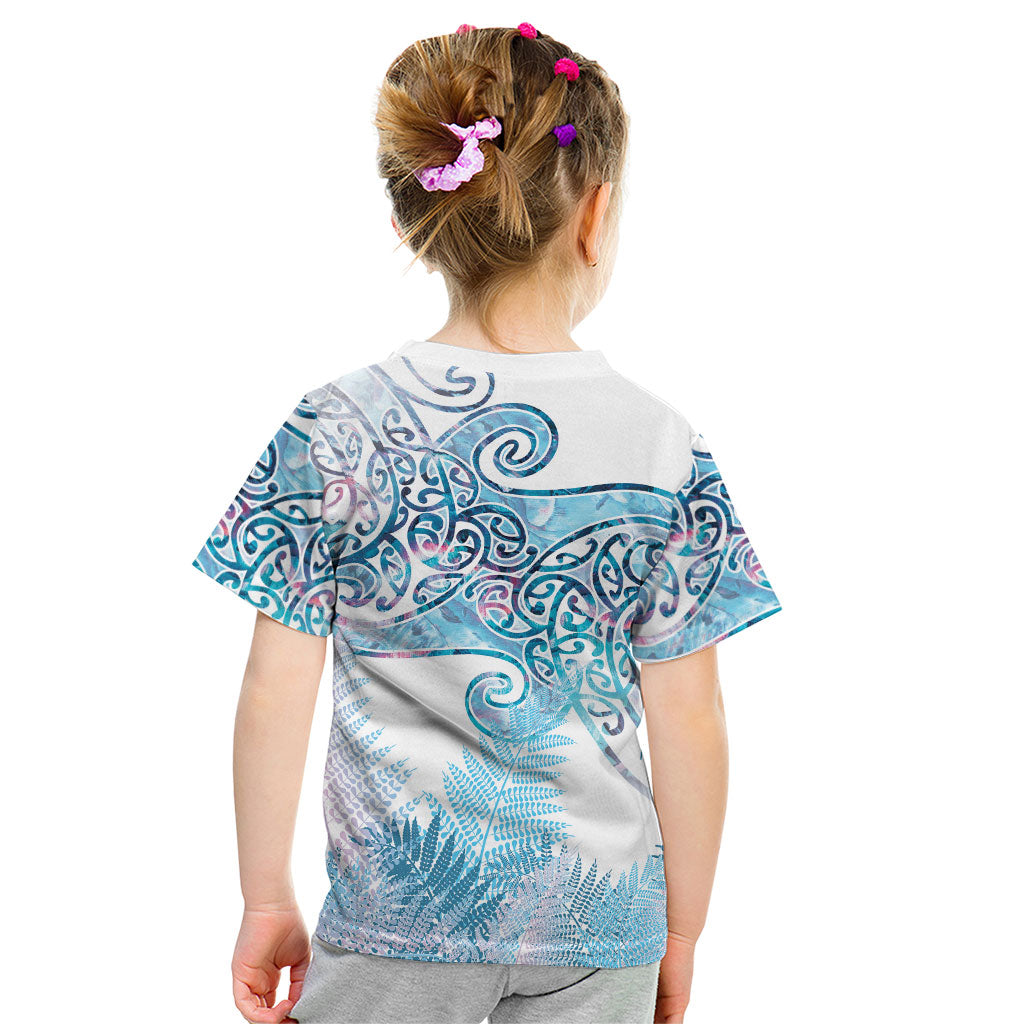 Aotearoa Maori Koru Curves Kid T Shirt Aqua Paua Shell