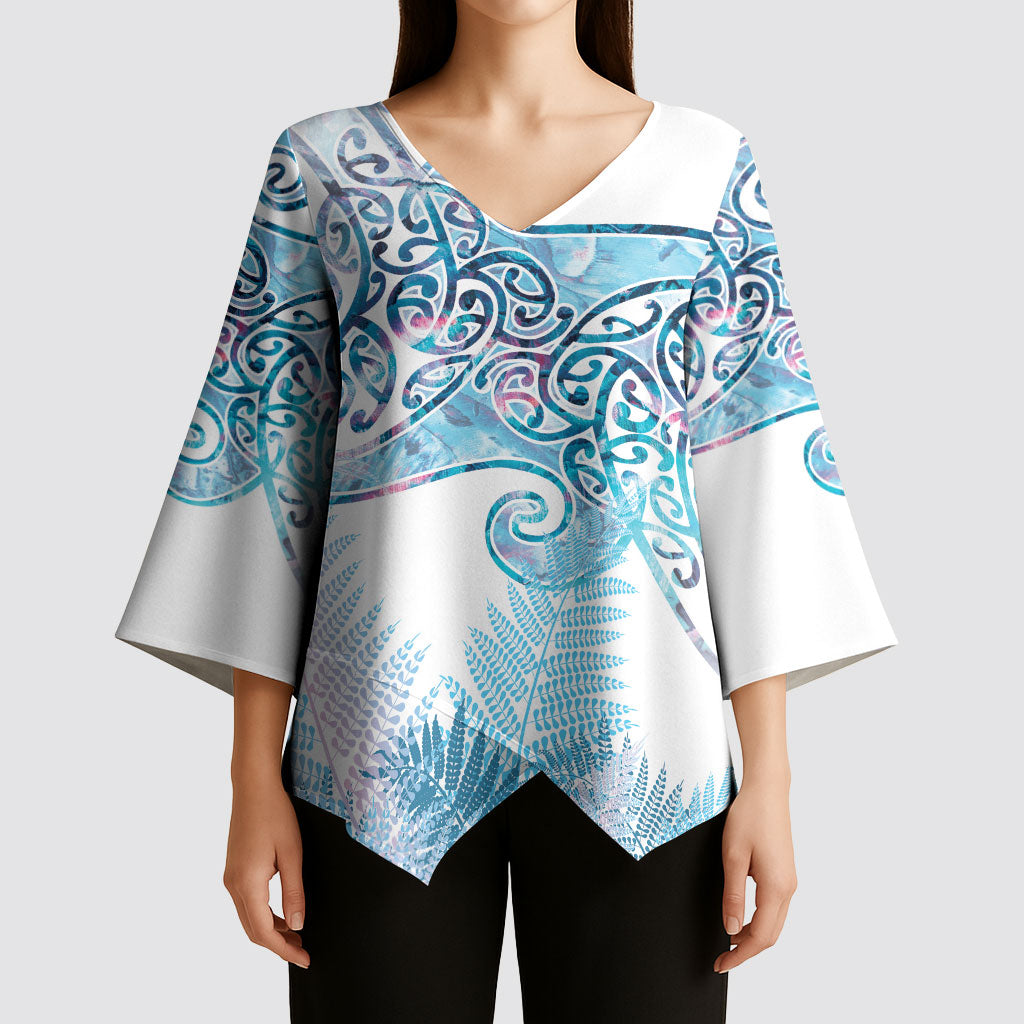 Aotearoa Maori Koru Curves Kimono Sleeve Blouse Aqua Paua Shell