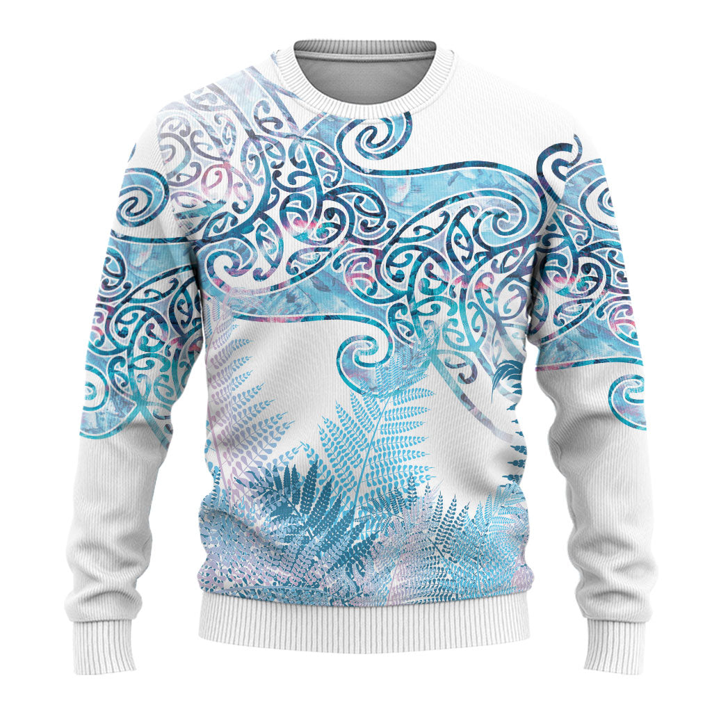 Aotearoa Maori Koru Curves Ugly Christmas Sweater Aqua Paua Shell LT7 - Polynesian Pride