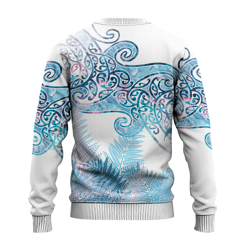 Aotearoa Maori Koru Curves Ugly Christmas Sweater Aqua Paua Shell LT7 - Polynesian Pride