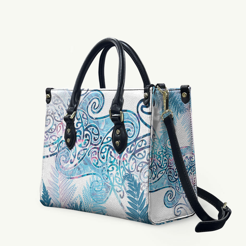 Aotearoa Maori Koru Curves Leather Bag Aqua Paua Shell