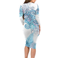 Aotearoa Maori Koru Curves Long Sleeve Bodycon Dress Aqua Paua Shell
