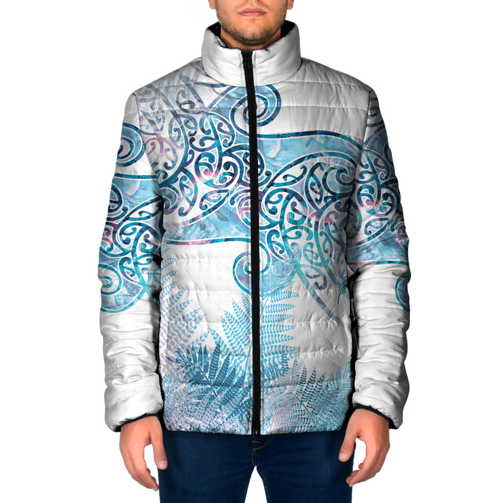 Aotearoa Maori Koru Curves Padded Jacket Aqua Paua Shell