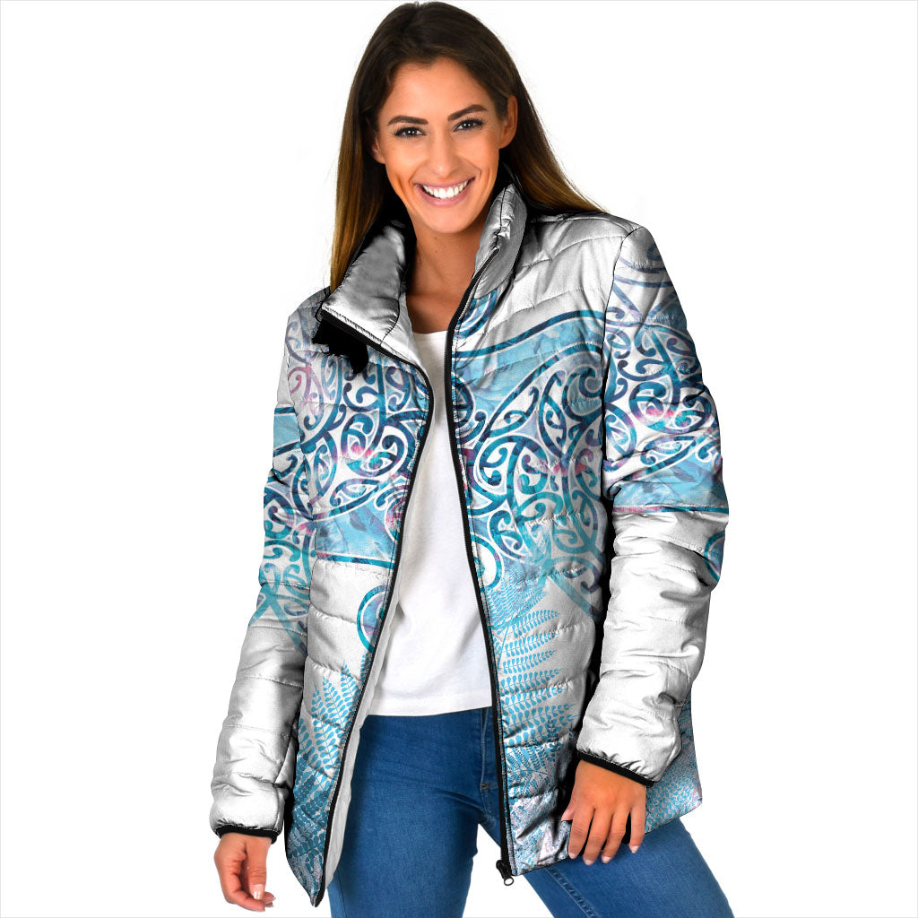 Aotearoa Maori Koru Curves Padded Jacket Aqua Paua Shell