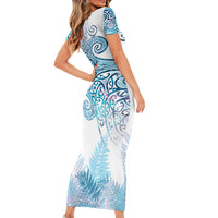 Aotearoa Maori Koru Curves Short Sleeve Bodycon Dress Aqua Paua Shell