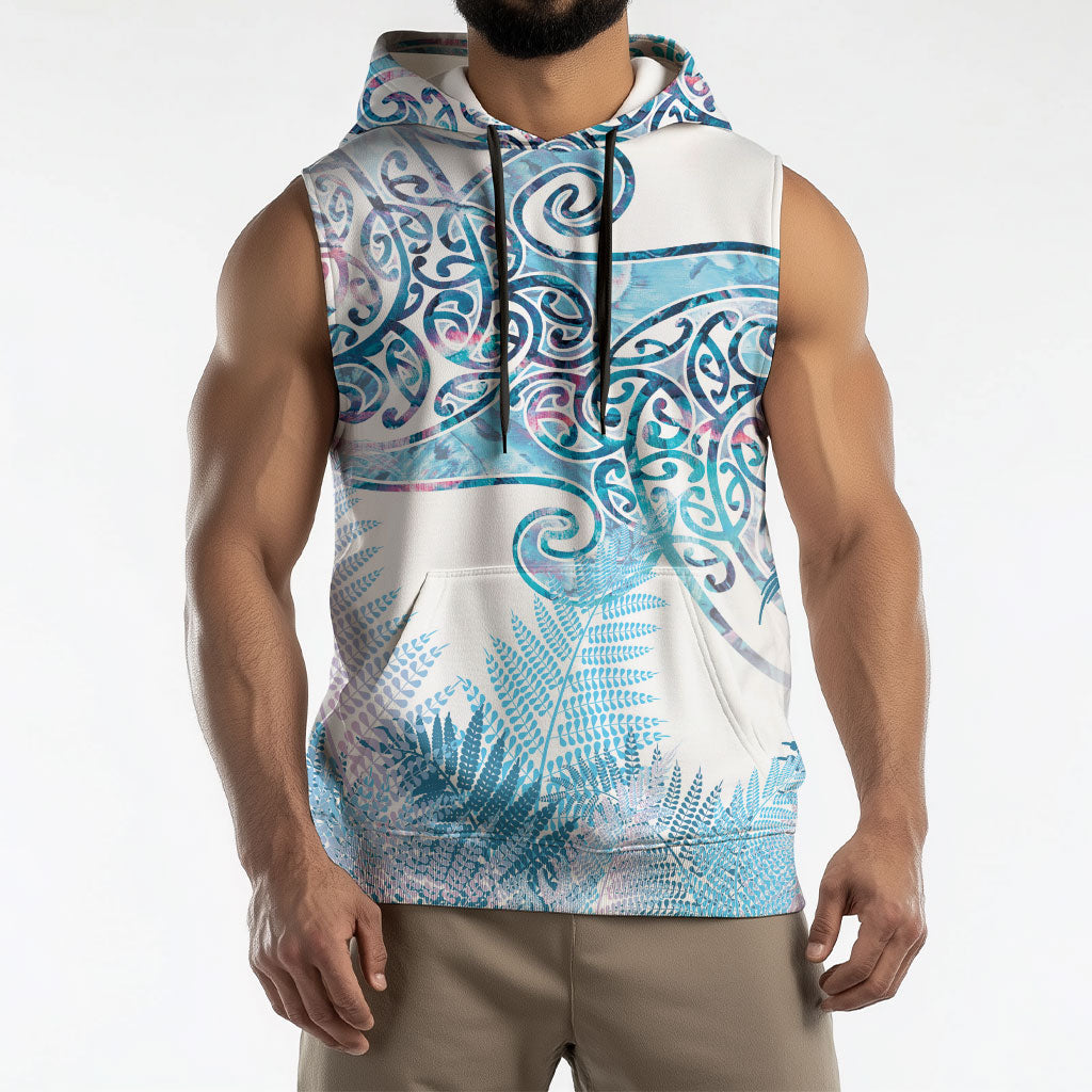 Aotearoa Maori Koru Curves Sleeveless Hoodie Aqua Paua Shell
