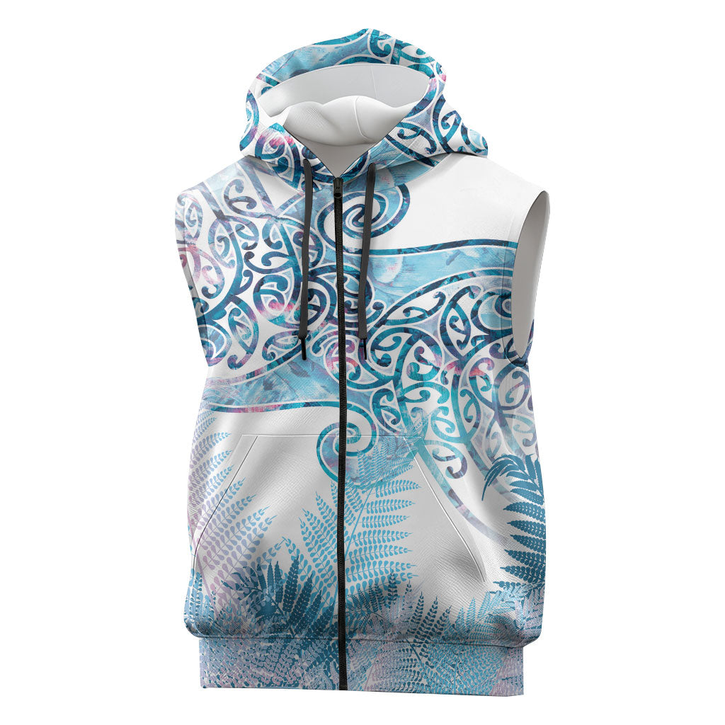 Aotearoa Maori Koru Curves Sleeveless Zip Hoodie Aqua Paua Shell