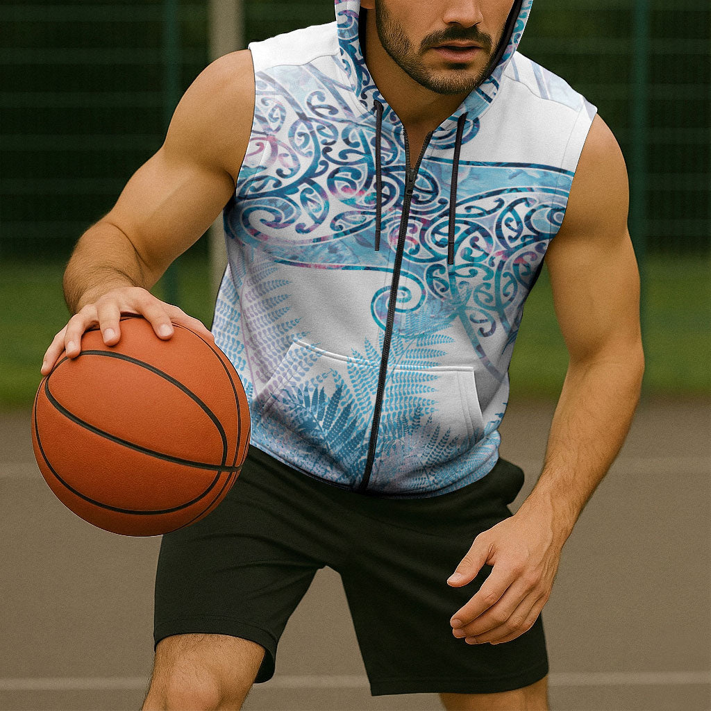 Aotearoa Maori Koru Curves Sleeveless Zip Hoodie Aqua Paua Shell