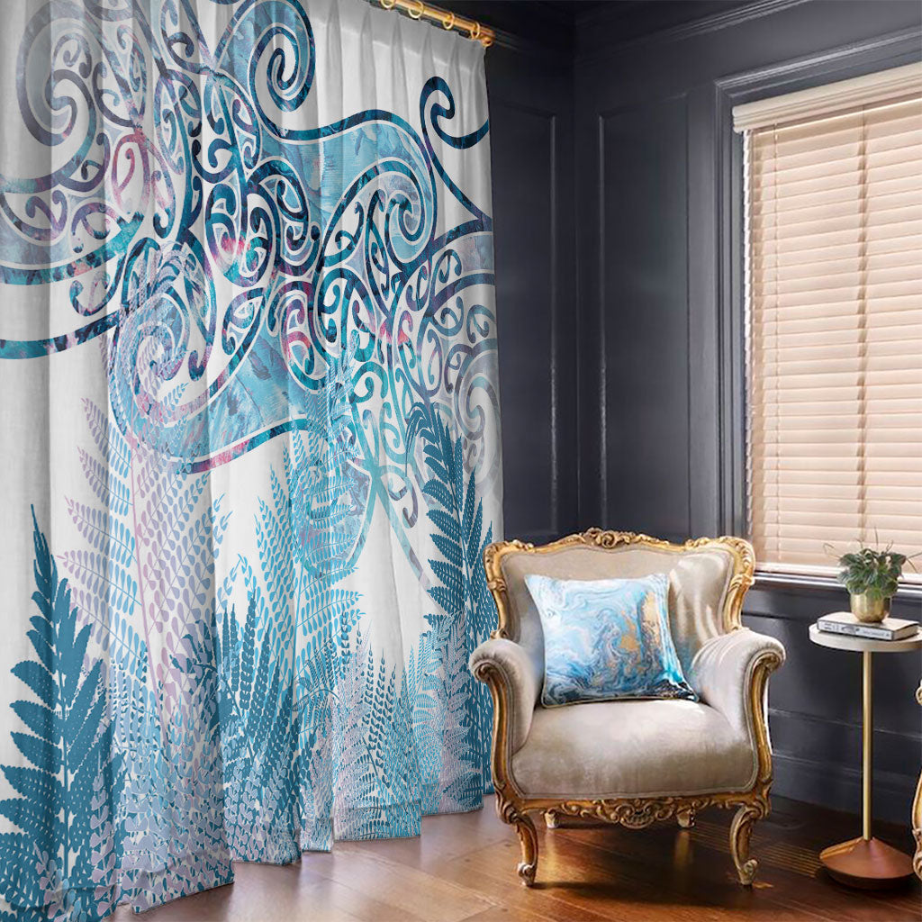 Aotearoa Maori Koru Curves Window Curtain Aqua Paua Shell