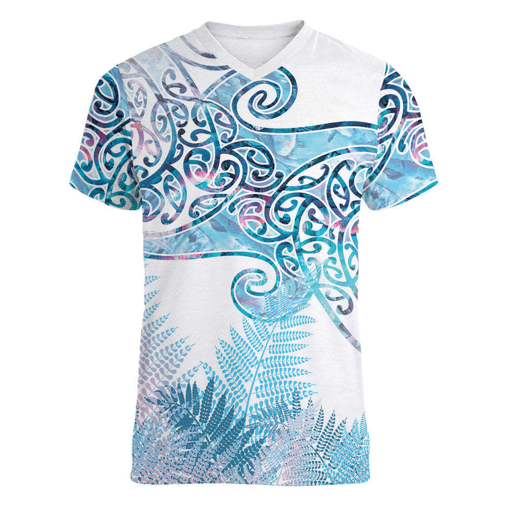 Aotearoa Maori Koru Curves Women V-Neck T-Shirt Aqua Paua Shell LT7 Female Blue - Polynesian Pride