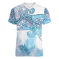 Aotearoa Maori Koru Curves Women V-Neck T-Shirt Aqua Paua Shell LT7 Female Blue - Polynesian Pride