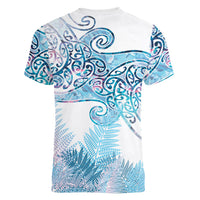 Aotearoa Maori Koru Curves Women V-Neck T-Shirt Aqua Paua Shell LT7 - Polynesian Pride