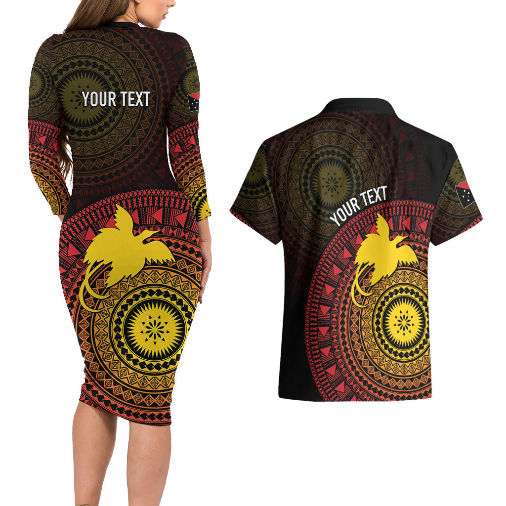 Papua New Guinea Independence Personalized Couples Matching Long Sleeve Bodycon Dress and Hawaiian Shirt Tapa Circle LT7 - Polynesian Pride