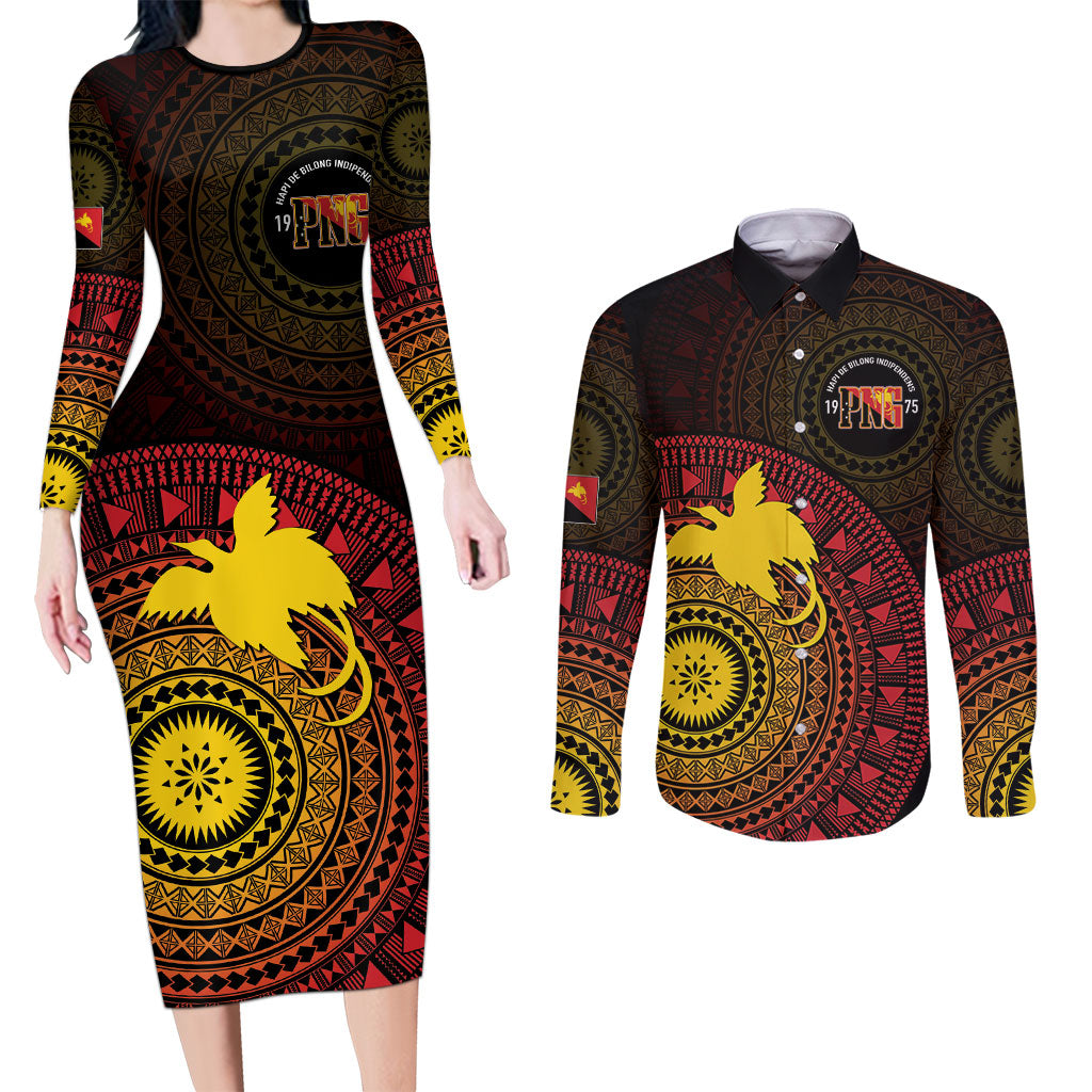 Papua New Guinea Independence Personalized Couples Matching Long Sleeve Bodycon Dress and Long Sleeve Button Shirt Tapa Circle