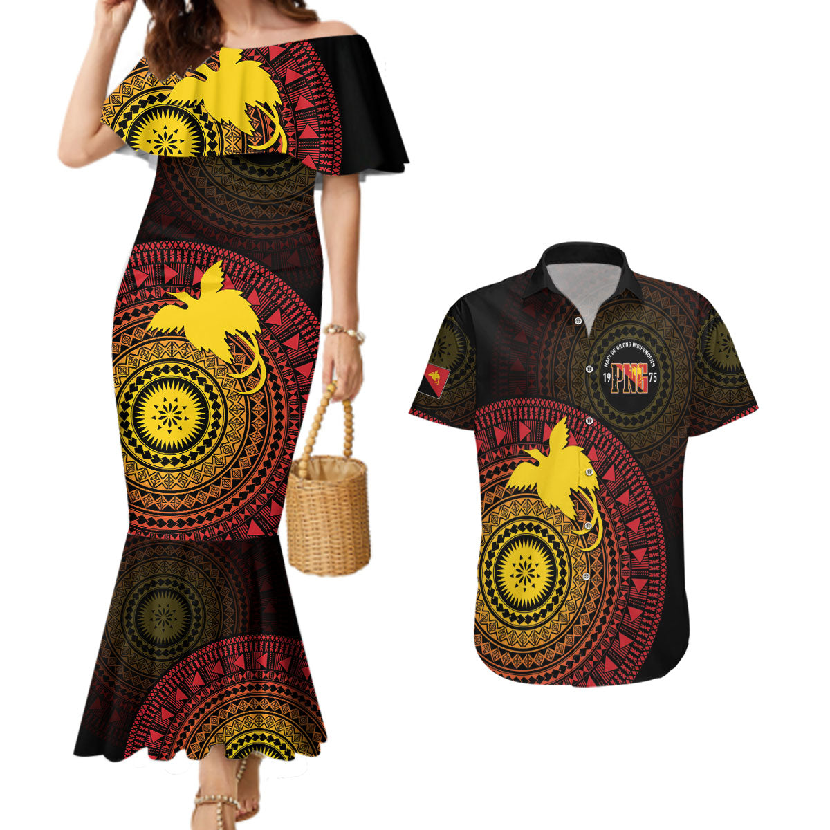 Papua New Guinea Independence Personalized Couples Matching Mermaid Dress and Hawaiian Shirt Tapa Circle