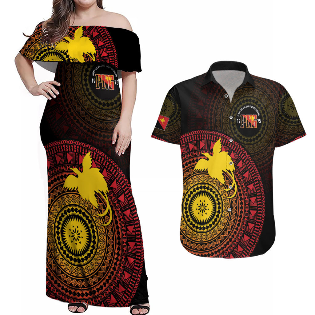 Papua New Guinea Independence Personalized Couples Matching Off Shoulder Maxi Dress and Hawaiian Shirt Tapa Circle