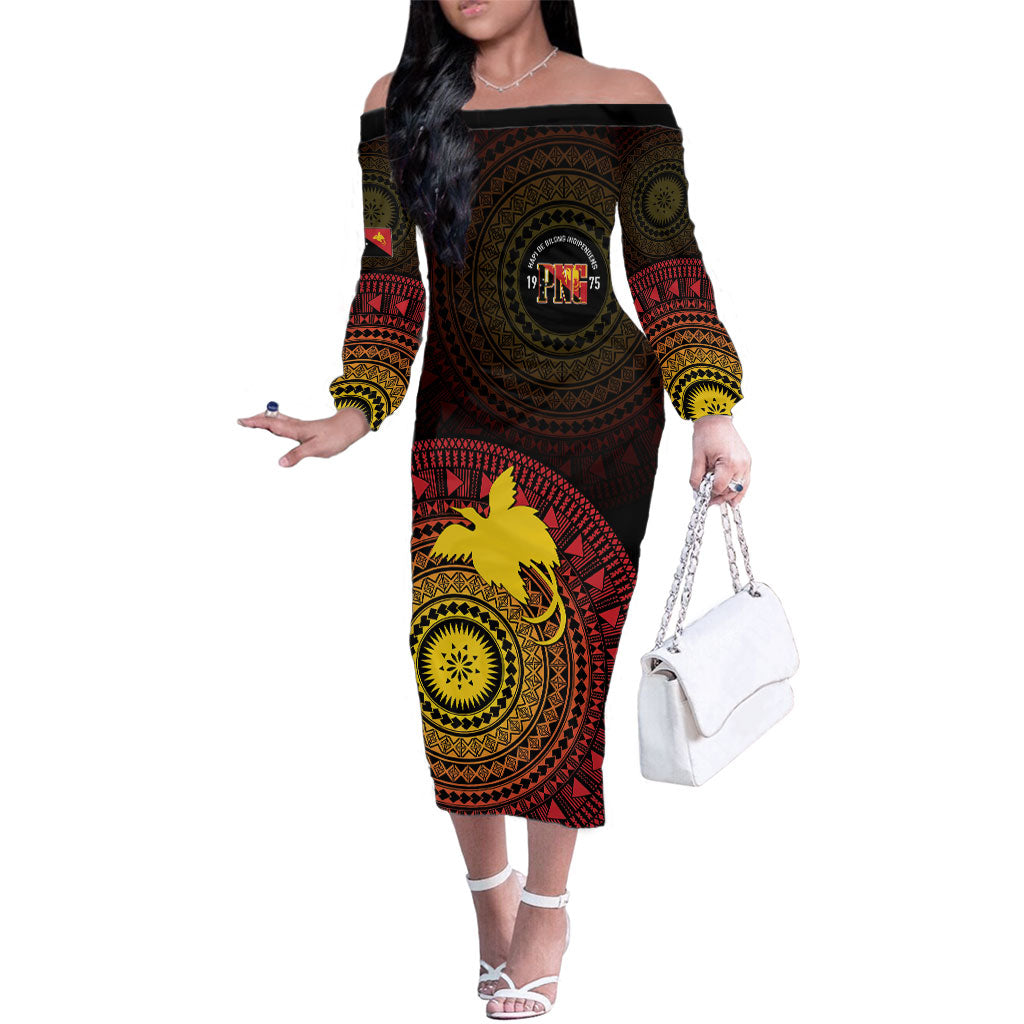Papua New Guinea Independence Personalized Family Matching Off The Shoulder Long Sleeve Dress and Hawaiian Shirt Tapa Circle LT7 Mom's Dress Black - Polynesian Pride
