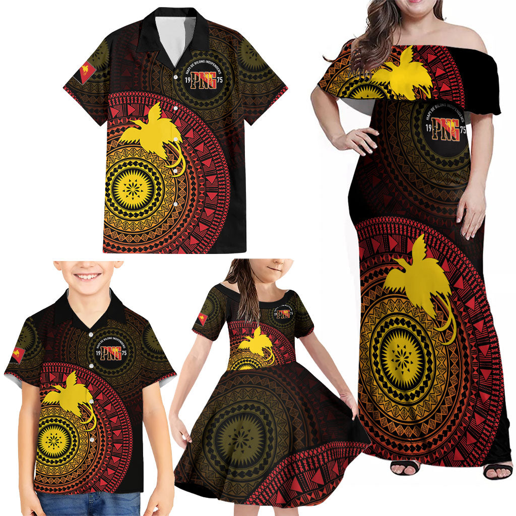 Papua New Guinea Independence Personalized Family Matching Off Shoulder Maxi Dress and Hawaiian Shirt Tapa Circle LT7 - Polynesian Pride