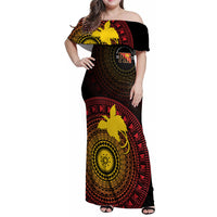 Papua New Guinea Independence Personalized Family Matching Off Shoulder Maxi Dress and Hawaiian Shirt Tapa Circle LT7 Mom's Dress Black - Polynesian Pride