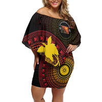 Papua New Guinea Independence Personalized Family Matching Off Shoulder Short Dress and Hawaiian Shirt Tapa Circle LT7 Mom's Dress Black - Polynesian Pride