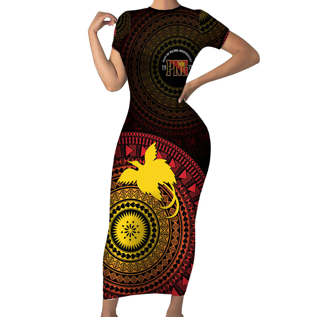 Papua New Guinea Independence Personalized Family Matching Short Sleeve Bodycon Dress and Hawaiian Shirt Tapa Circle LT7 Mom's Dress Black - Polynesian Pride