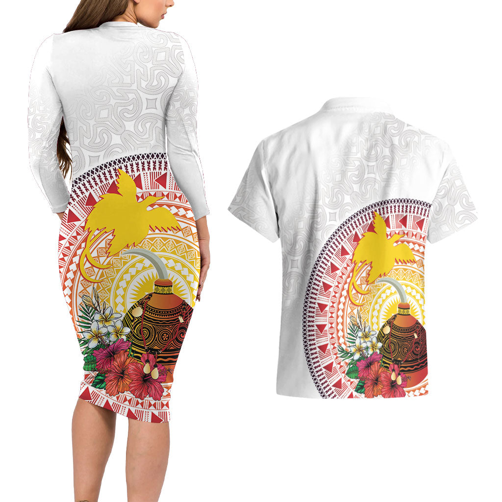 Hapi De Bilong Indipendens Papua New Guinea Couples Matching Long Sleeve Bodycon Dress and Hawaiian Shirt PNG Lime Pot LT7 - Polynesian Pride