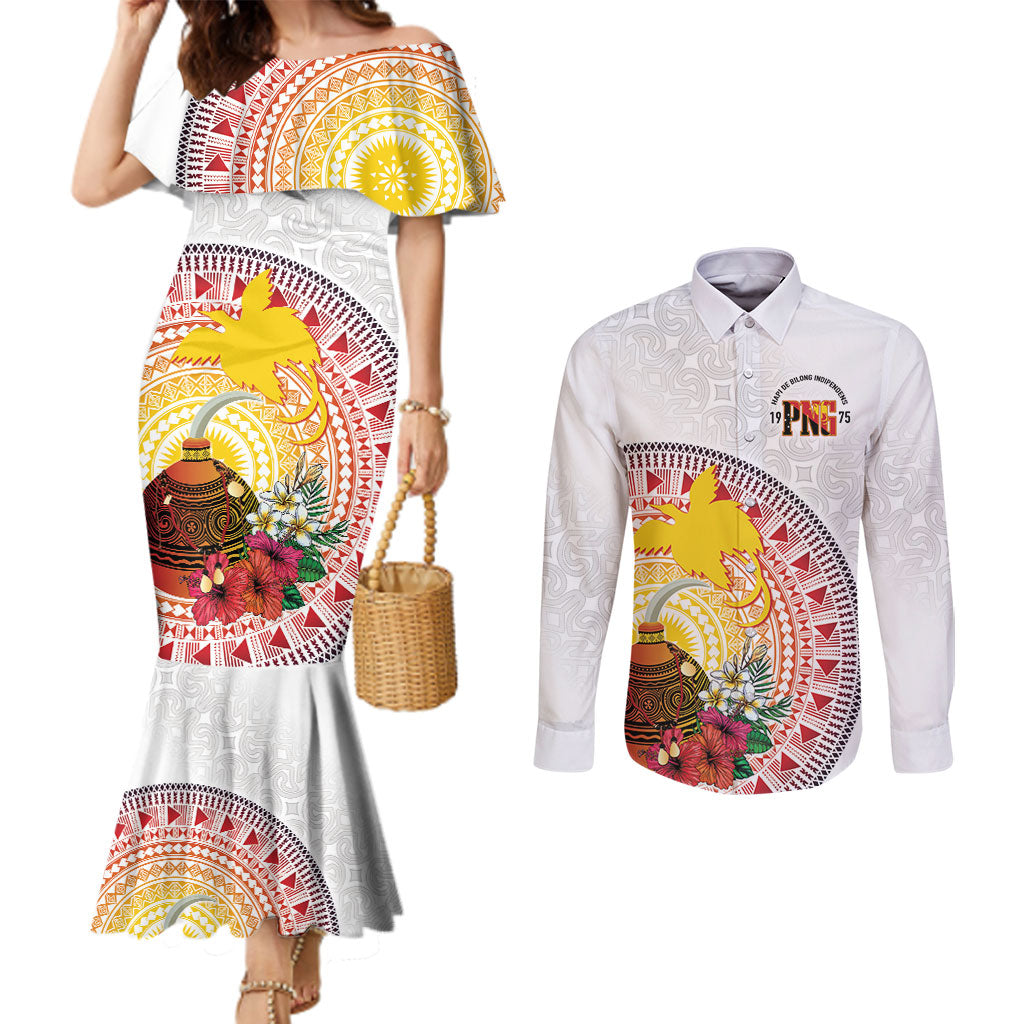 Hapi De Bilong Indipendens Papua New Guinea Couples Matching Mermaid Dress and Long Sleeve Button Shirt PNG Lime Pot LT7 White - Polynesian Pride