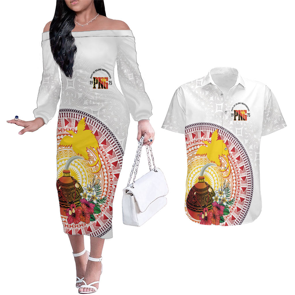 Hapi De Bilong Indipendens Papua New Guinea Couples Matching Off The Shoulder Long Sleeve Dress and Hawaiian Shirt PNG Lime Pot LT7 White - Polynesian Pride