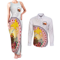 Hapi De Bilong Indipendens Papua New Guinea Couples Matching Tank Maxi Dress and Long Sleeve Button Shirt PNG Lime Pot LT7 White - Polynesian Pride