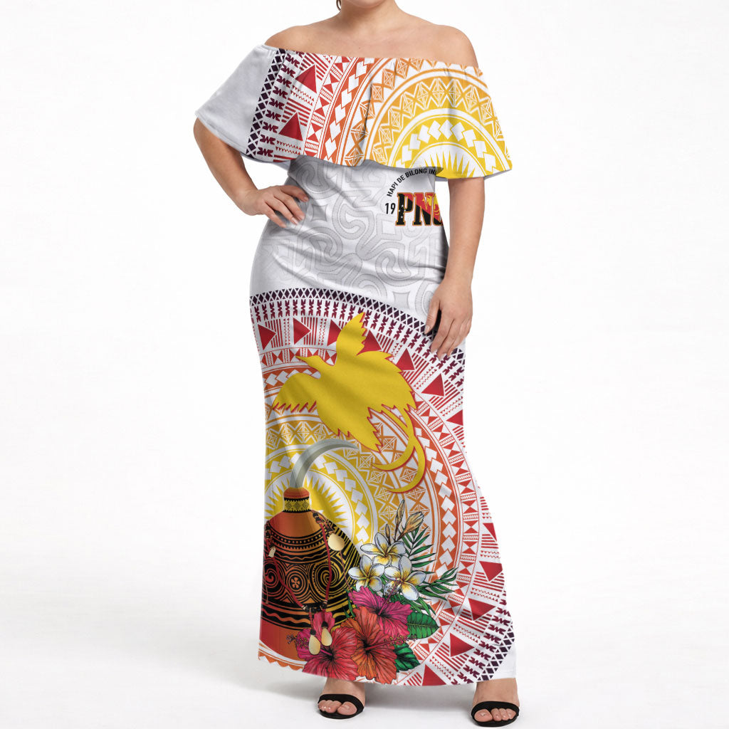 Hapi De Bilong Indipendens Papua New Guinea Off Shoulder Maxi Dress PNG Lime Pot LT7 Women White - Polynesian Pride