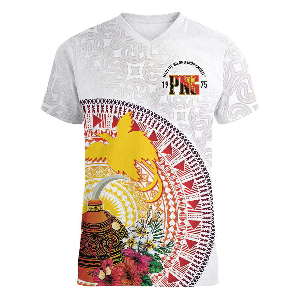 Hapi De Bilong Indipendens Papua New Guinea Women V-Neck T-Shirt PNG Lime Pot LT7 Female White - Polynesian Pride