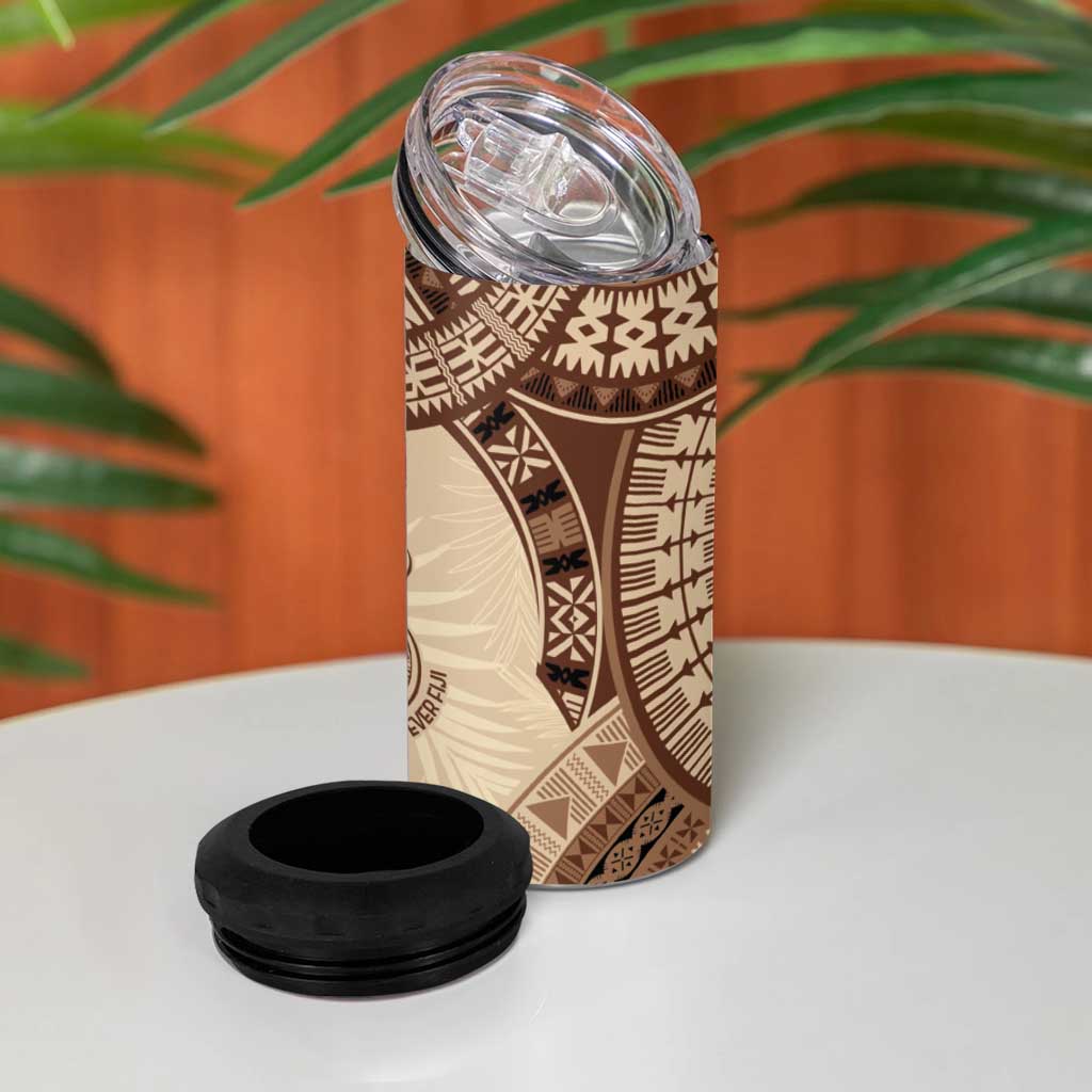 Bula Fiji Day 55th Anniversary Masi Tapa 4 in 1 Can Cooler Tumbler Emerald Jubilee - Beige LT7 - Polynesian Pride