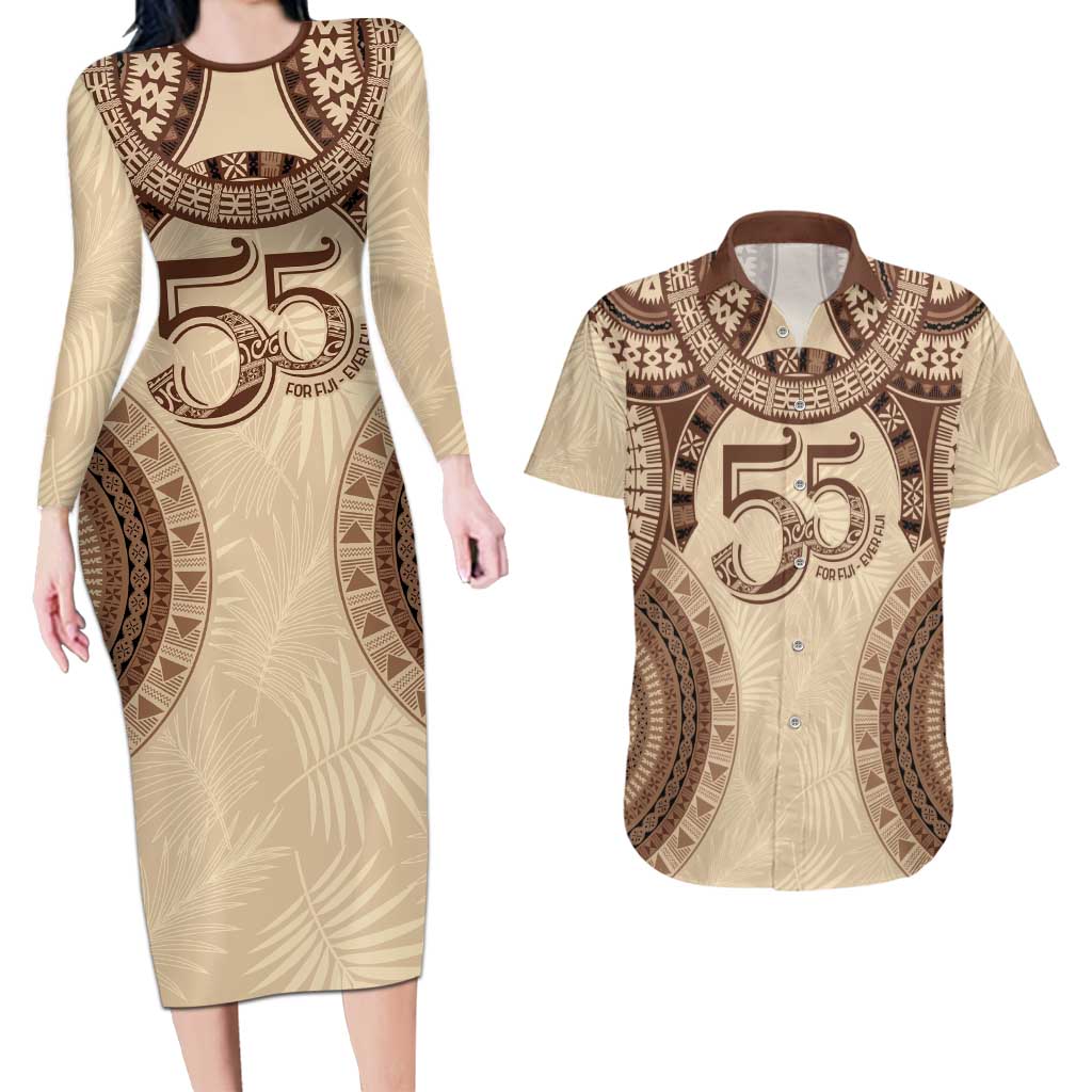 Bula Fiji Day 55th Anniversary Masi Tapa Couples Matching Long Sleeve Bodycon Dress and Hawaiian Shirt Emerald Jubilee - Beige LT7 Beige - Polynesian Pride