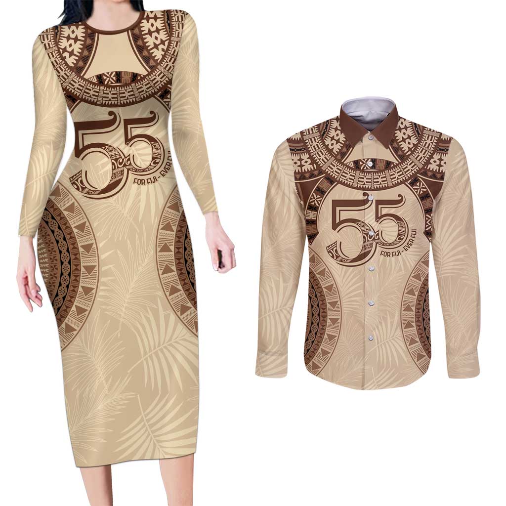 Bula Fiji Day 55th Anniversary Masi Tapa Couples Matching Long Sleeve Bodycon Dress and Long Sleeve Button Shirt Emerald Jubilee - Beige LT7 Beige - Polynesian Pride