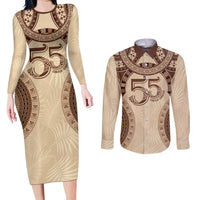 Bula Fiji Day 55th Anniversary Masi Tapa Couples Matching Long Sleeve Bodycon Dress and Long Sleeve Button Shirt Emerald Jubilee - Beige LT7 Beige - Polynesian Pride