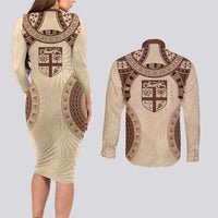 Bula Fiji Day 55th Anniversary Masi Tapa Couples Matching Long Sleeve Bodycon Dress and Long Sleeve Button Shirt Emerald Jubilee - Beige LT7 - Polynesian Pride