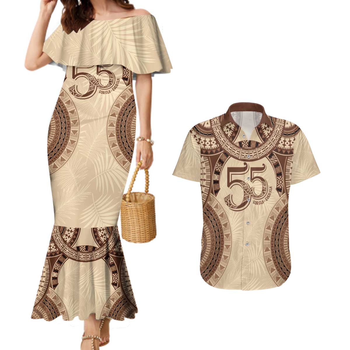 Bula Fiji Day 55th Anniversary Masi Tapa Couples Matching Mermaid Dress and Hawaiian Shirt Emerald Jubilee - Beige LT7 Beige - Polynesian Pride